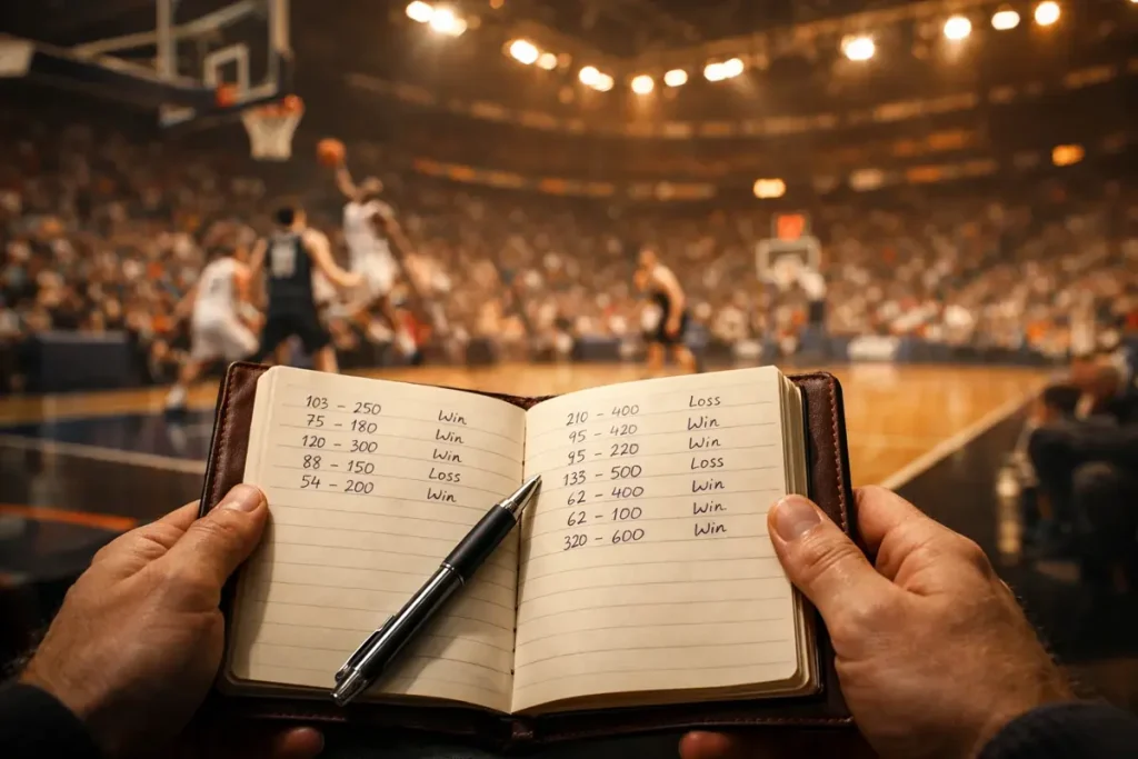 Notitieboek met wedoverzicht naast een basketbalveld in een Europese sporthal