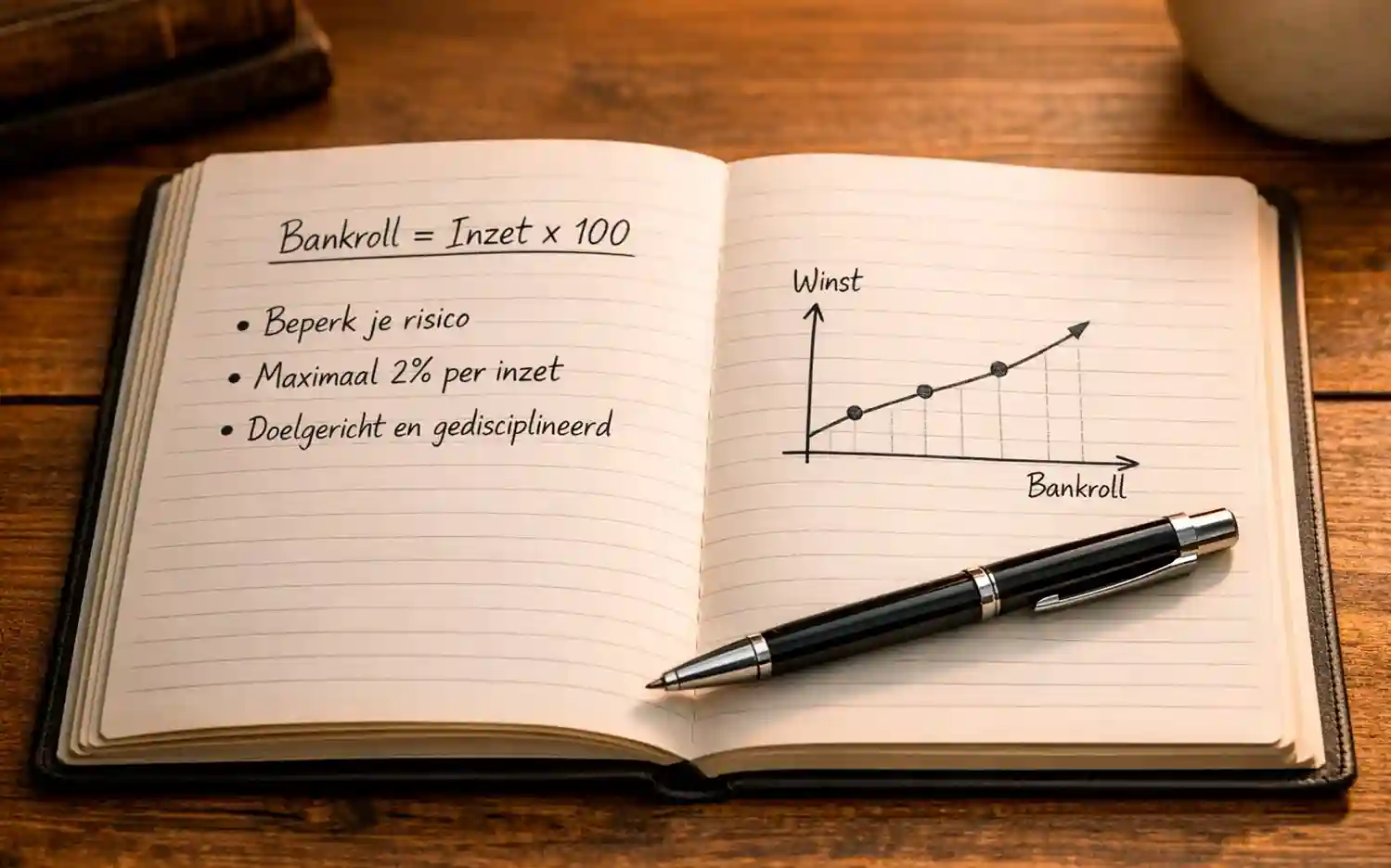 Notitieboek met wedstrategie planning en pen op bureau