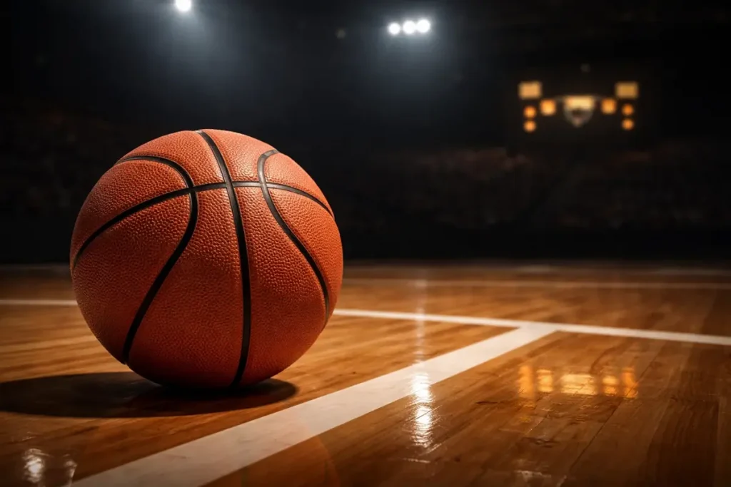 Close-up van een basketbal op een hardhouten veld met een scorebord op de achtergrond in zacht stadionlicht