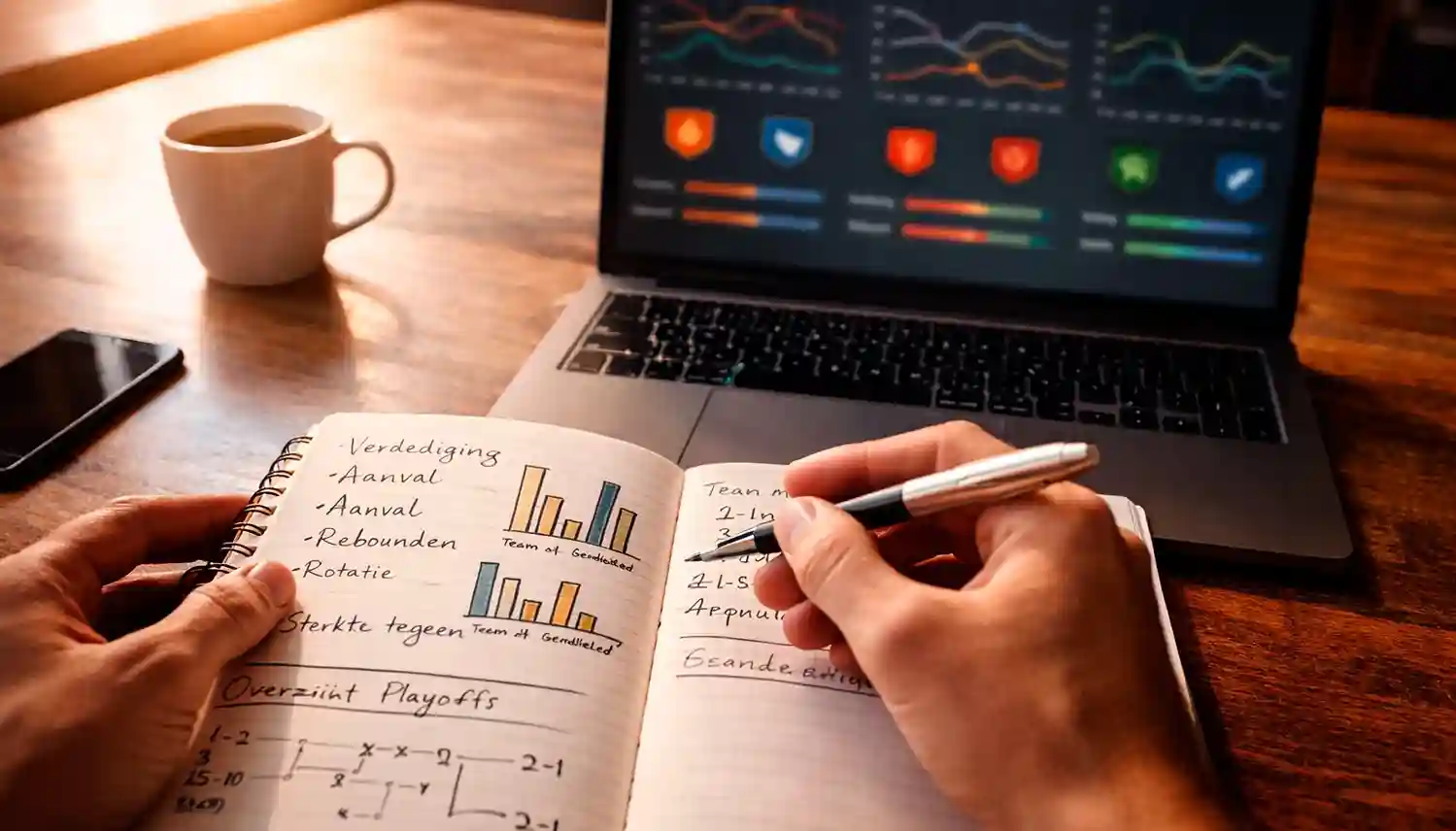 Persoon analyseert basketbal statistieken op laptop met aantekeningen over odds en handicaps