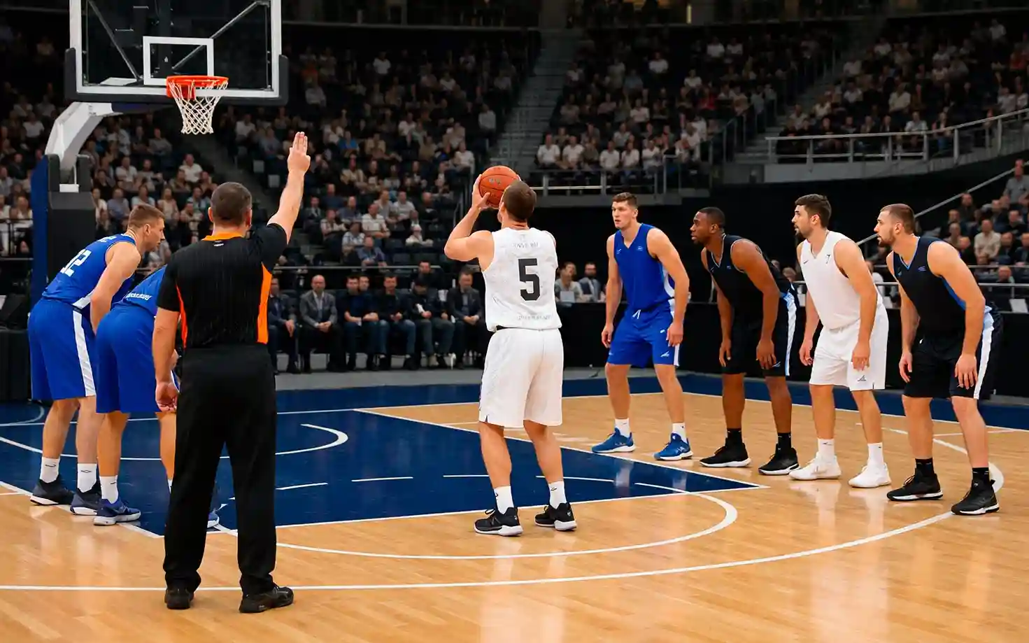Basketbalveld met spelers in actie en scheidsrechter die een overtreding fluit