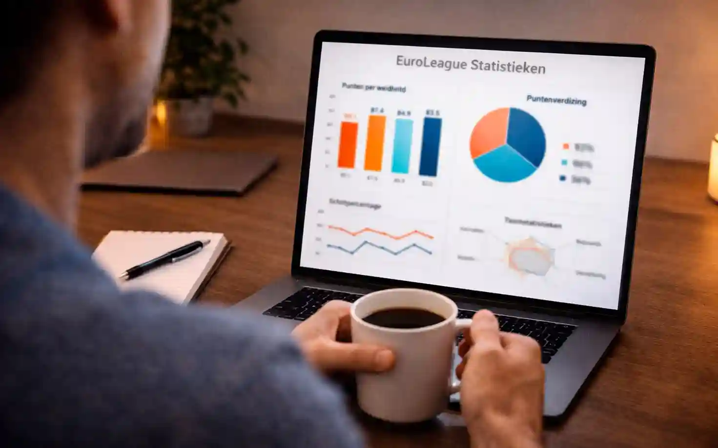 Persoon analyseert basketbalstatistieken op laptop met notitieblok ernaast