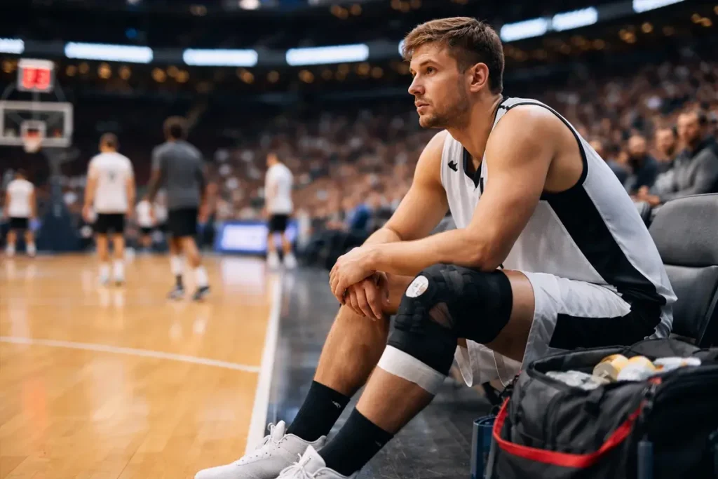Geblesseerde basketbalspeler aan de zijlijn met tape om zijn knie in een EuroLeague-arena