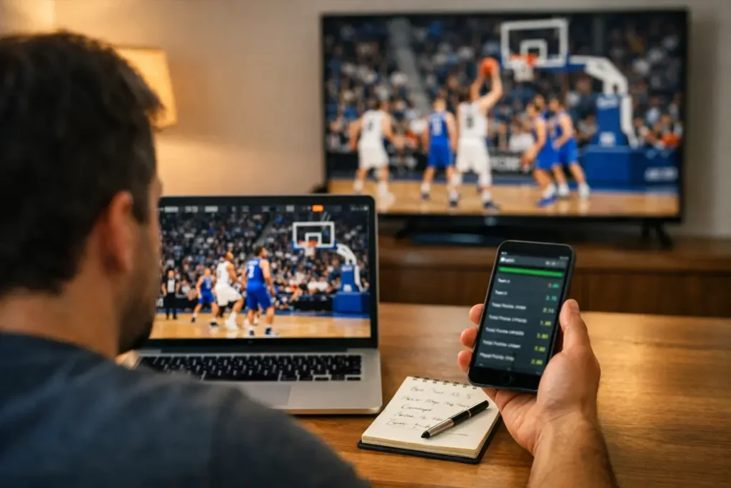 Persoon vergelijkt basketbalwedstrijden op een laptop met een EuroLeague-wedstrijd op de achtergrond