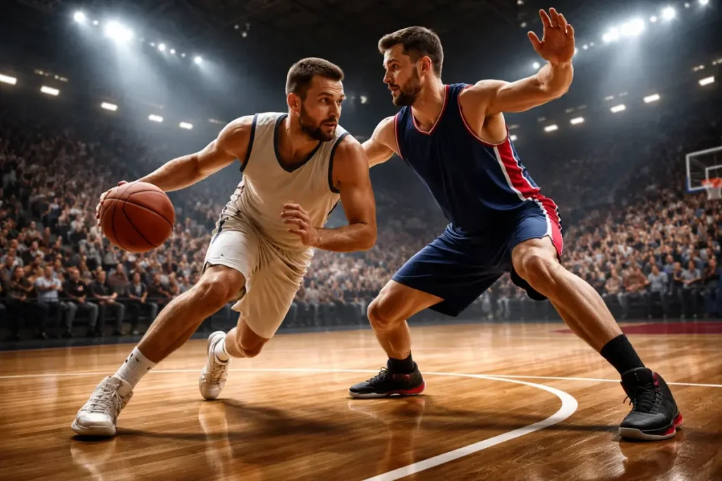 Twee Europese basketbalteams in actie tijdens een intensief duel in een volle arena met dramatische verlichting