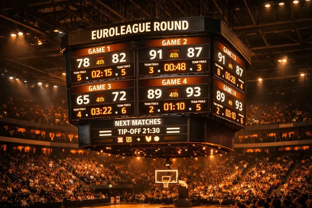 Scorebord en basketbalveld tijdens een EuroLeague-avond met meerdere wedstrijden