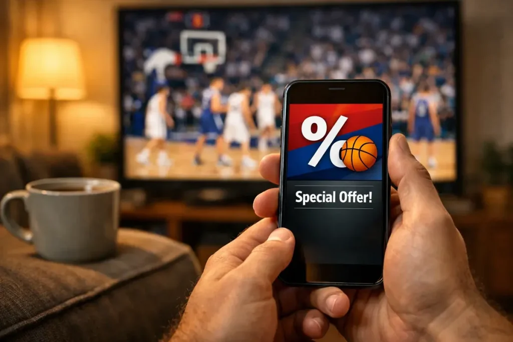 Basketbalfan bekijkt een promotieaanbieding op een smartphone met een EuroLeague-wedstrijd op televisie
