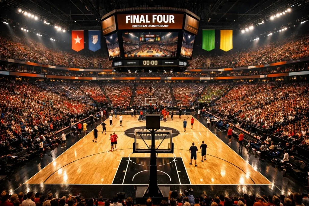 Basketbalarena tijdens het EuroLeague Final Four met duizenden fans op de tribunes
