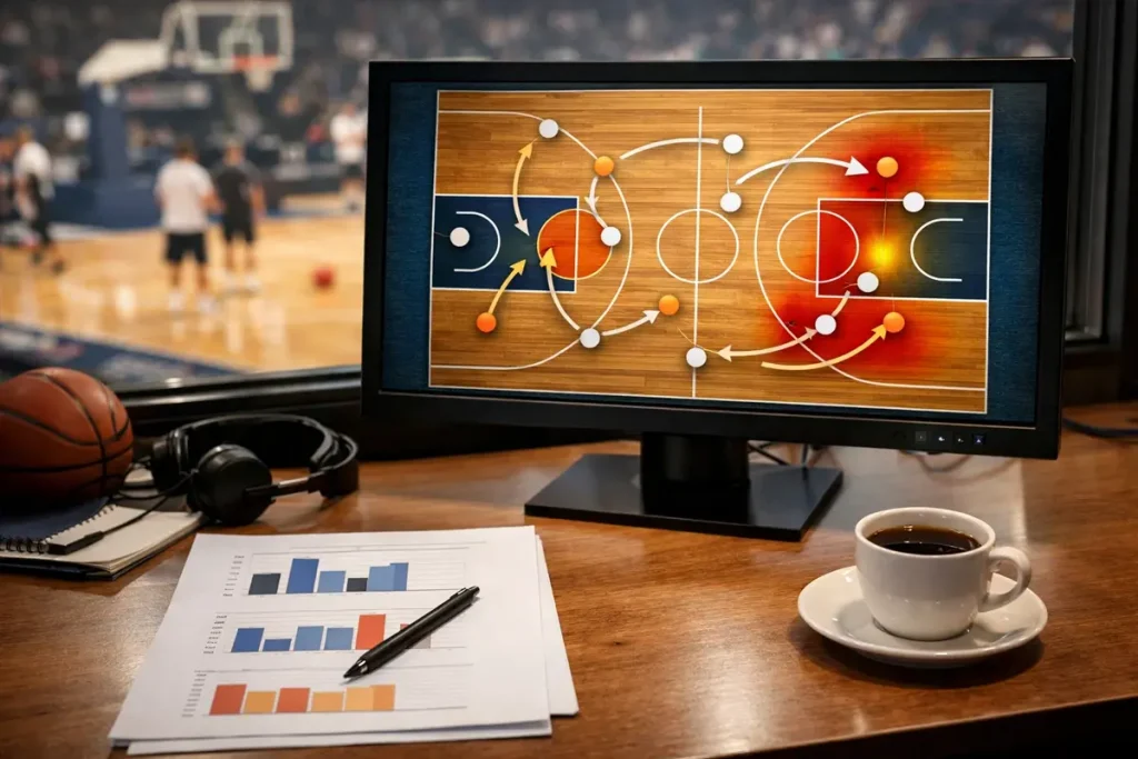 Basketbalspeler in actie op een EuroLeague-veld met een scorebord op de achtergrond