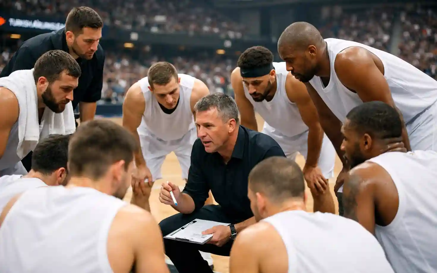 EuroLeague basketbalteam in teambespreking tijdens time-out op het veld