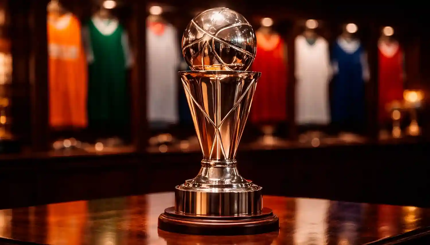 EuroLeague trofee omringd door emblemen van topclubs Real Madrid, Panathinaikos en Fenerbahce