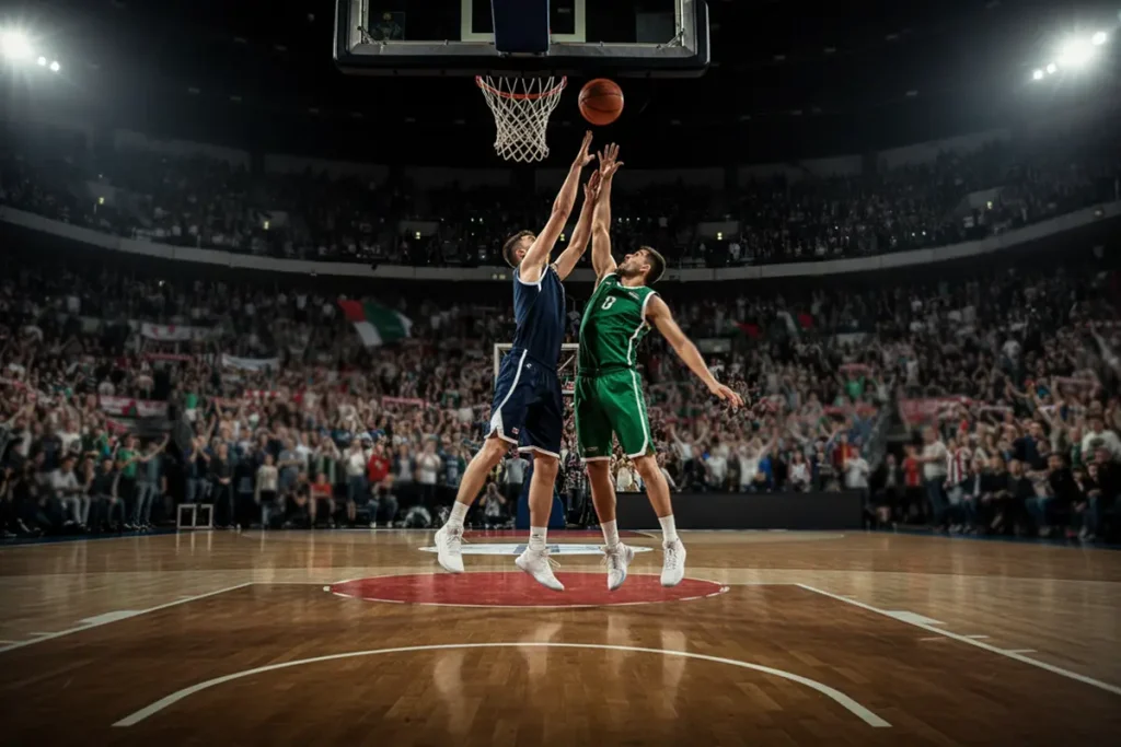 Basketballers in actie tijdens een intense EuroLeague-wedstrijd in een volle arena