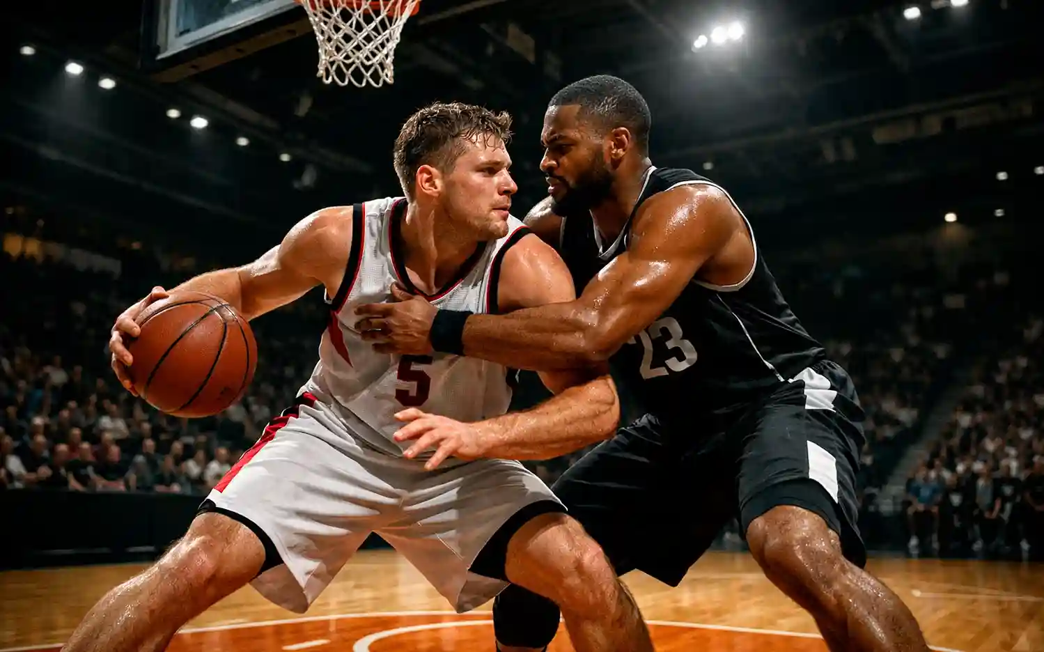 Basketbalspelers in duel onder de ring tijdens competitieve EuroLeague wedstrijd