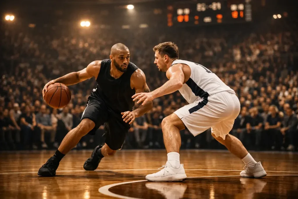 EuroLeague basketbalwedstrijd in een volle Europese arena met sfeerverlichting
