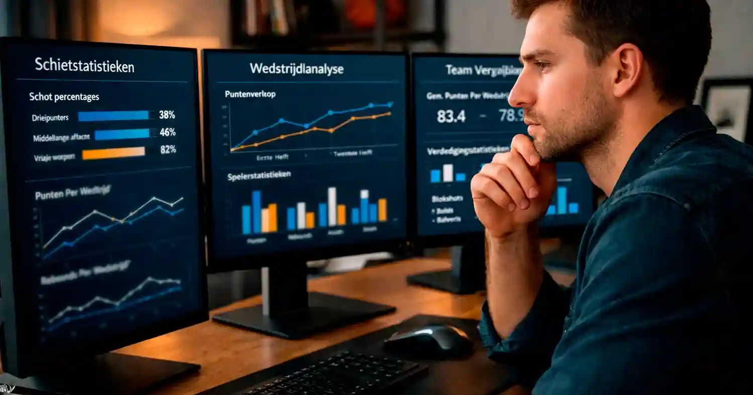 Geconcentreerde analist bekijkt basketbalstatistieken op meerdere schermen