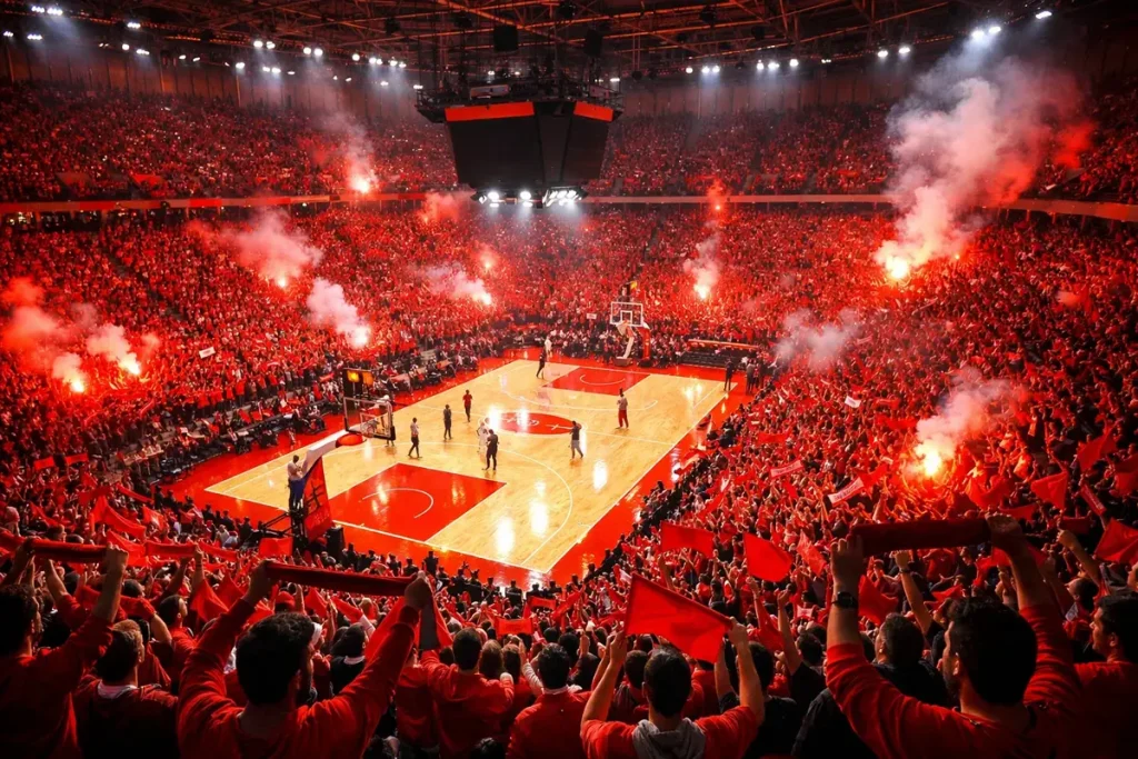 Real Madrid basketbalspelers op het veld van een moderne arena met wit shirt onder spotlights