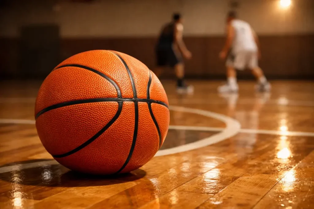 Close-up van een basketbal op een houten speelveld met wazige spelers op de achtergrond