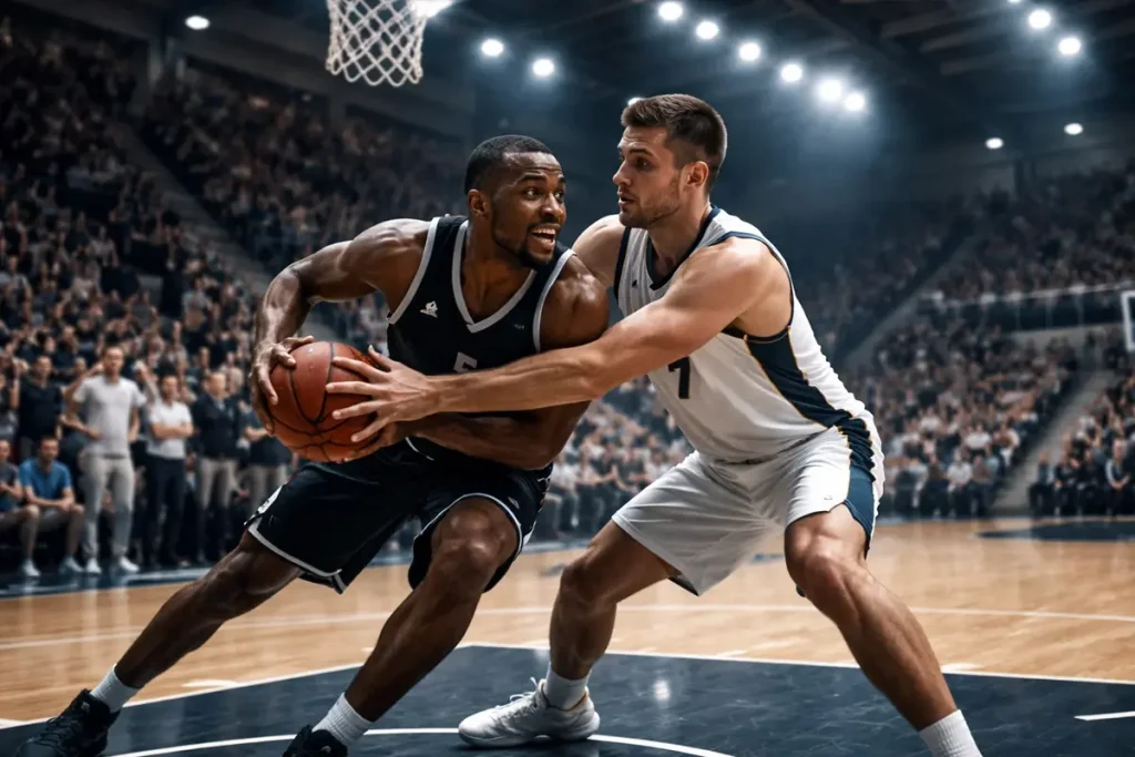 Twee basketbalteams in actie tijdens een intensieve Europese competitiewedstrijd