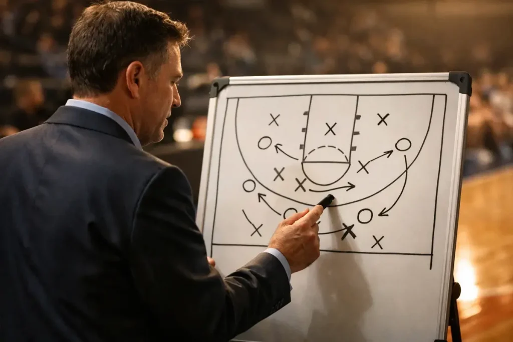 Basketbal coach bestudeert tactiekbord met spelersposities naast het veld