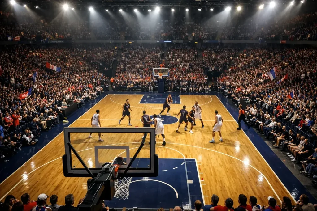 Basketbalspeler in een kleine compacte arena maakt een dunk terwijl het publiek juicht