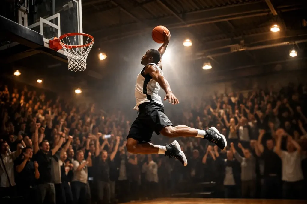 Basketbalarena van Olympiacos in Piraeus gevuld met rode vlaggen en supporters onder felle lampen