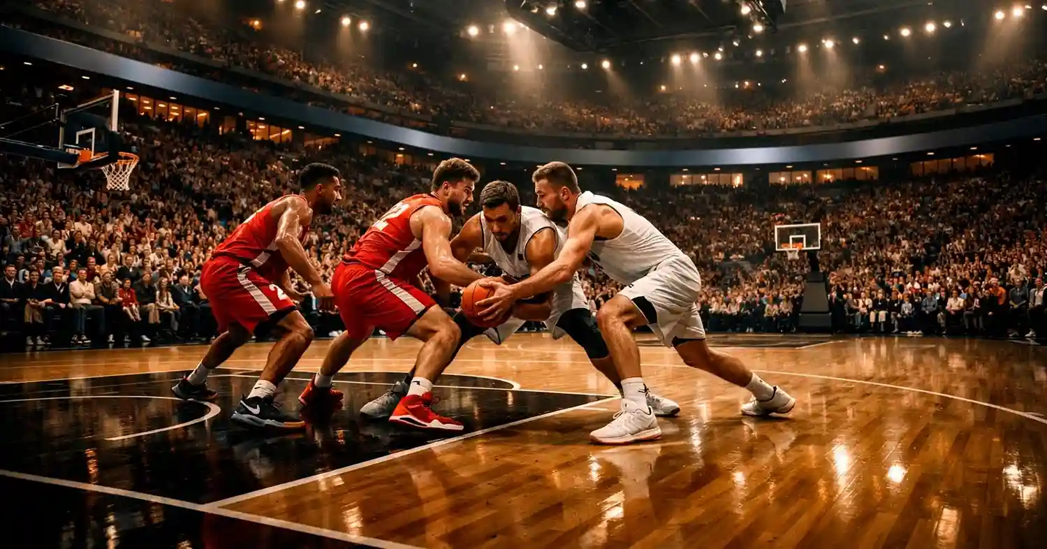 EuroLeague basketbalwedstrijd met scorebord en spanning op de tribunes