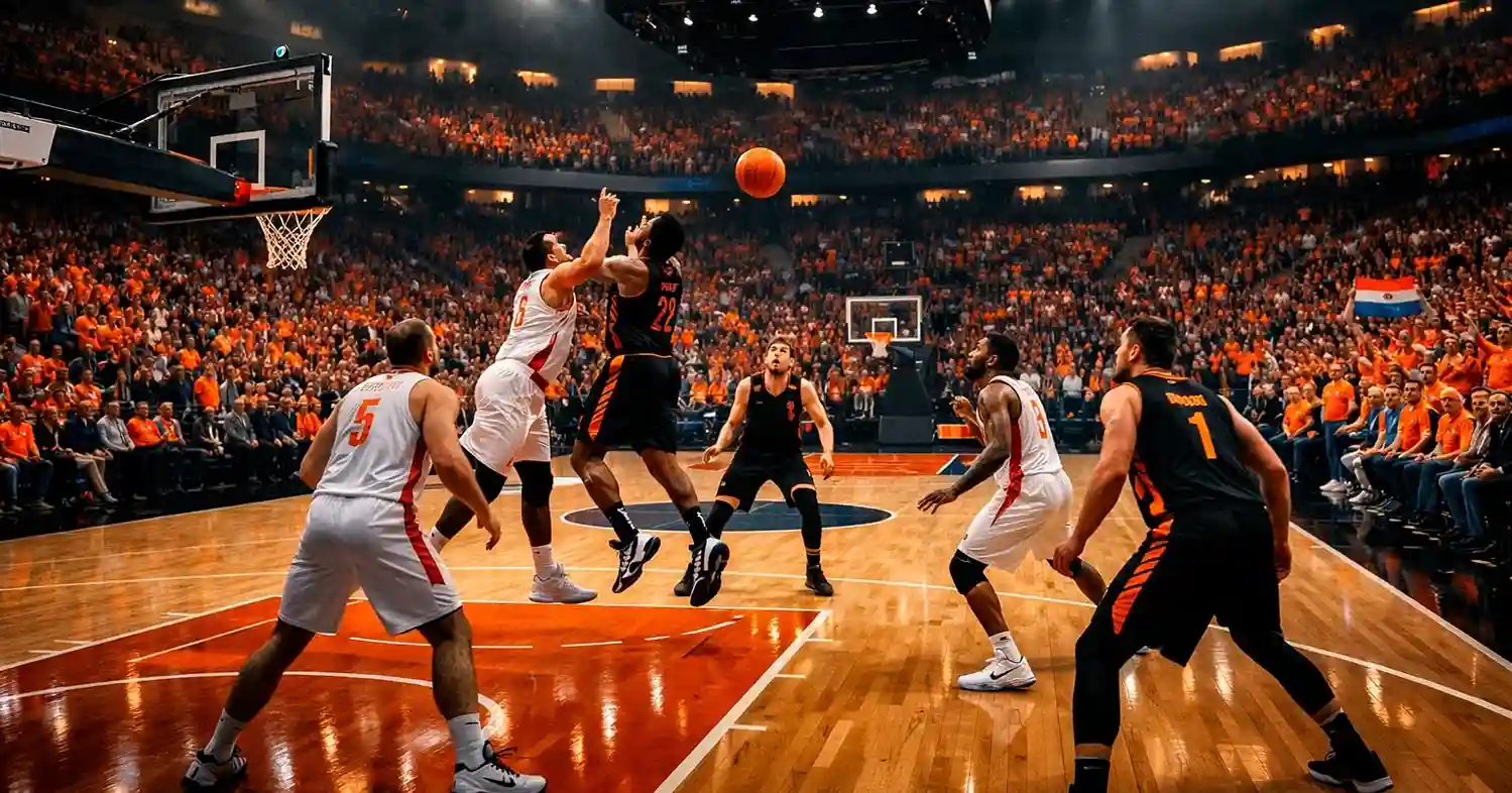 EuroLeague basketbalwedstrijd in een volle arena met fans