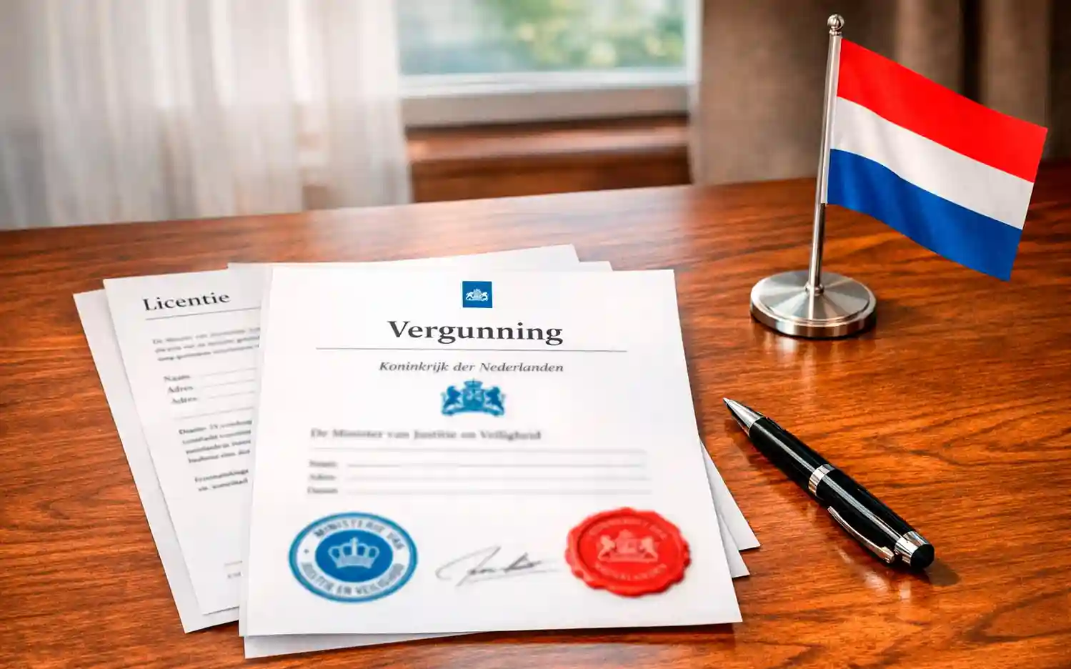 Officieel vergunningsdocument met Nederlandse vlag en stempel