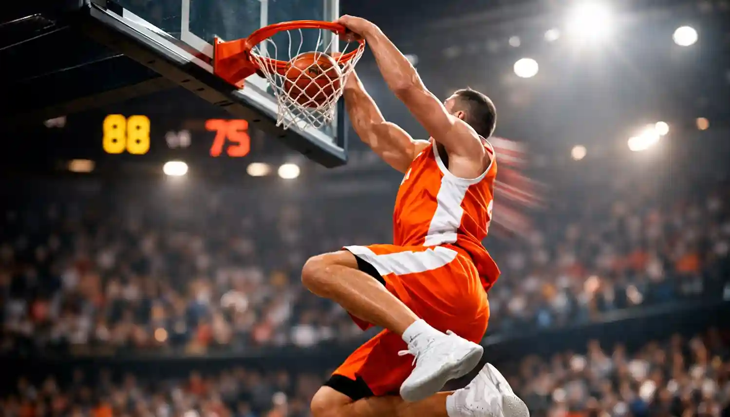 Basketbalspeler maakt een dunk tijdens EuroLeague wedstrijd met scorebord op de achtergrond