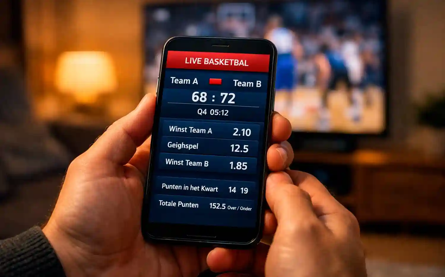 Persoon bekijkt basketbalwedstrijd op smartphone tijdens live wedden