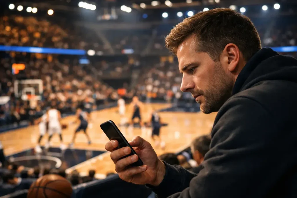 Basketbalfan met smartphone in de hand terwijl een EuroLeague-wedstrijd op de achtergrond speelt in een verlichte arena