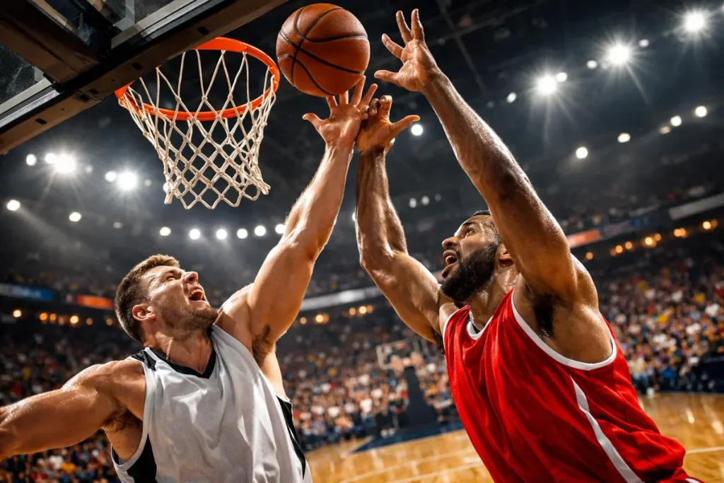 Basketballers in actie onder de ring tijdens een intense EuroLeague-wedstrijd