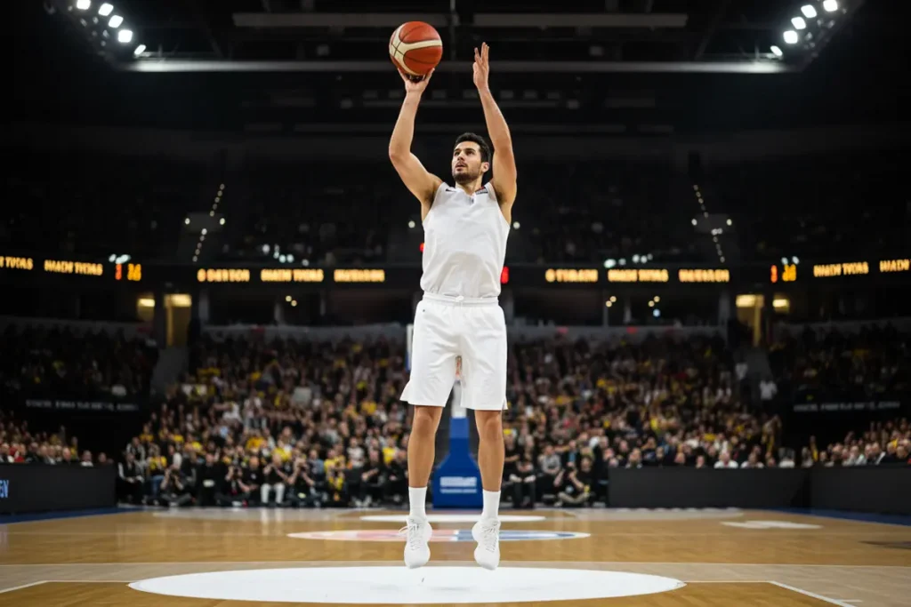 Basketbalspeler scoort tijdens een EuroLeague-wedstrijd met het publiek op de achtergrond