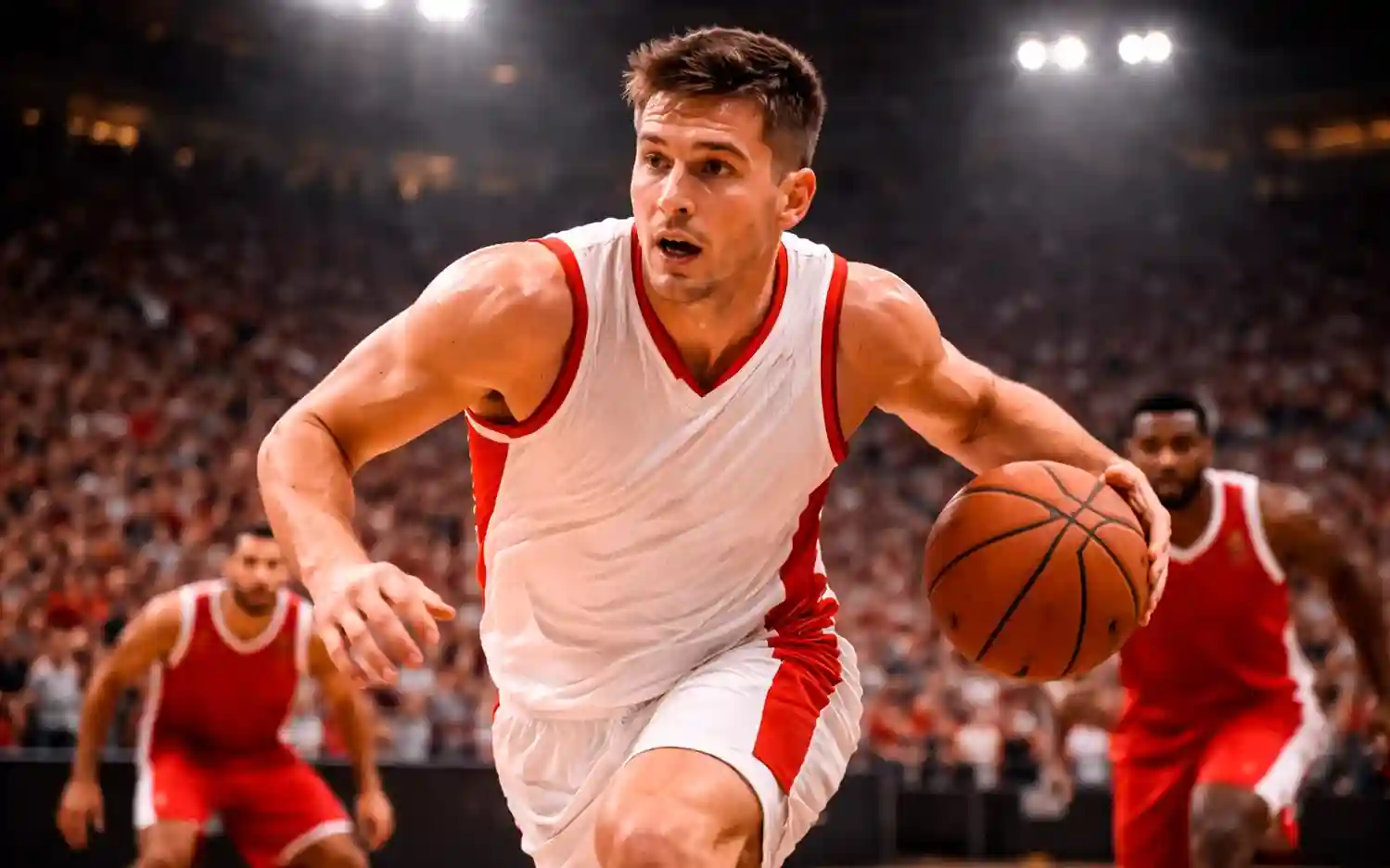 EuroLeague sterspeler in actie met bal tijdens belangrijke wedstrijd