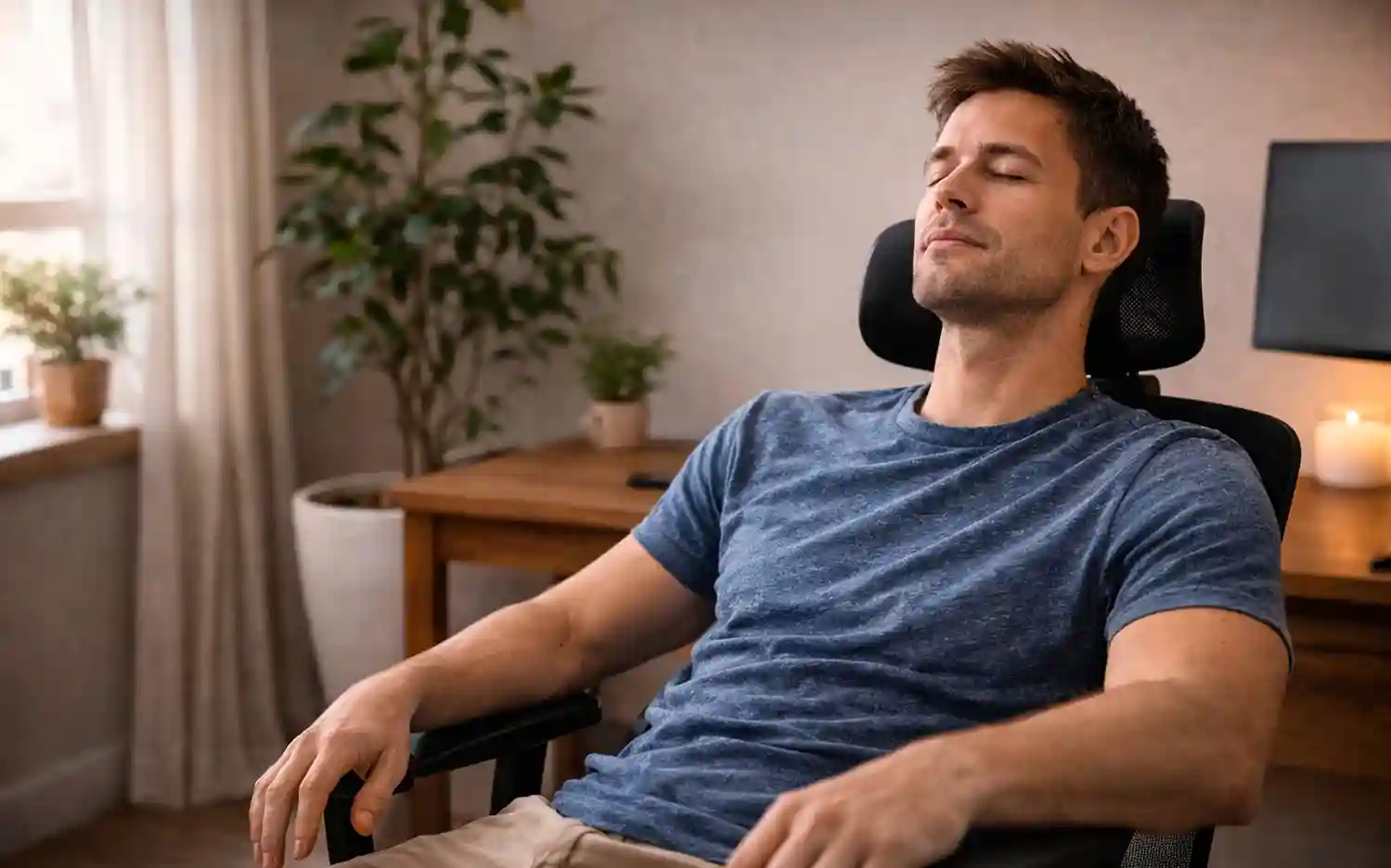 Persoon neemt pauze van scherm en denkt rustig na