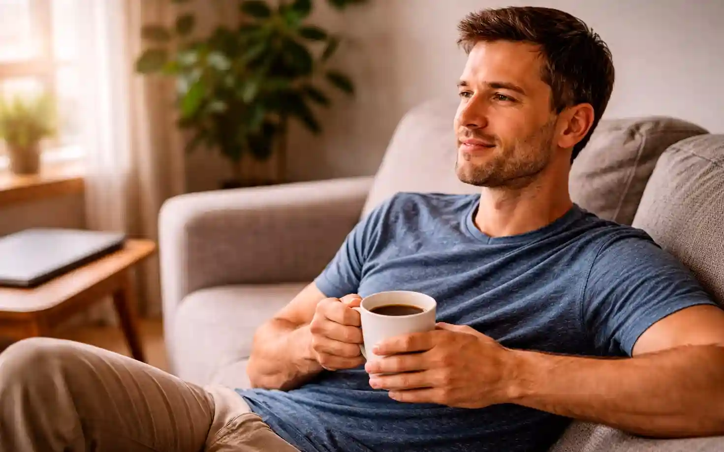 Persoon neemt een pauze van het scherm met een kopje koffie in een rustige omgeving