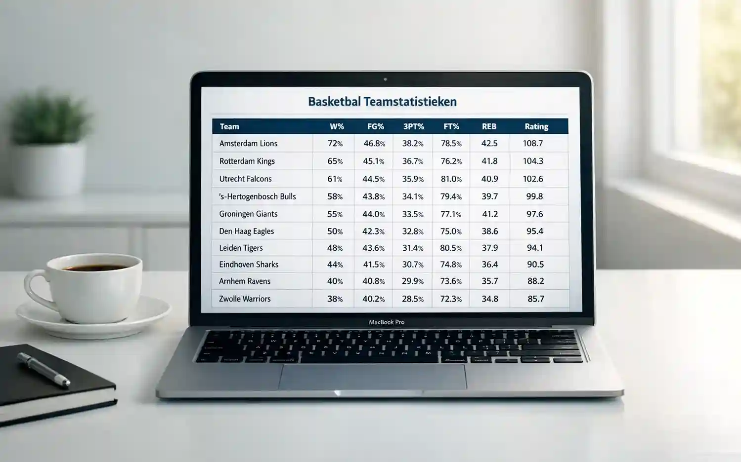 Laptop met basketbalstatistieken en spreadsheet analyse