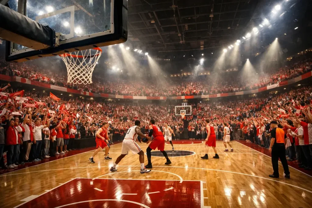 Volle Europese basketbalhal met luidruchtig thuispubliek tijdens een EuroLeague-wedstrijd