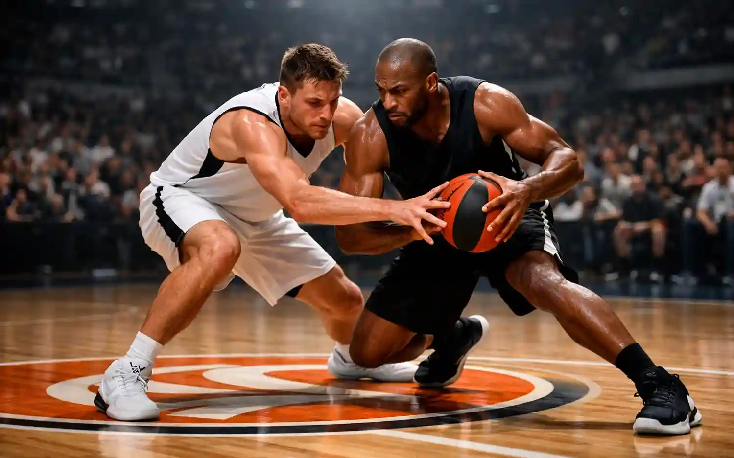 Basketbalspelers van topteams in actie tijdens competitieve EuroLeague wedstrijd