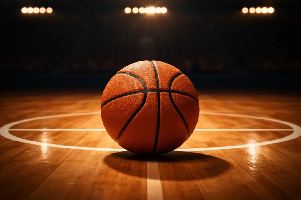 lose-up van een basketbal op een verlicht EuroLeague-veld vlak voor de aftrap