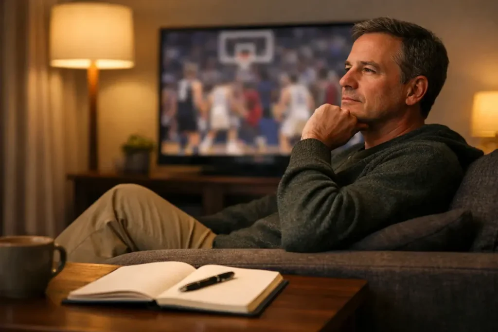 Persoon zit rustig op een bank en bekijkt bedachtzaam een basketbalwedstrijd op televisie met een notitieboekje erbij